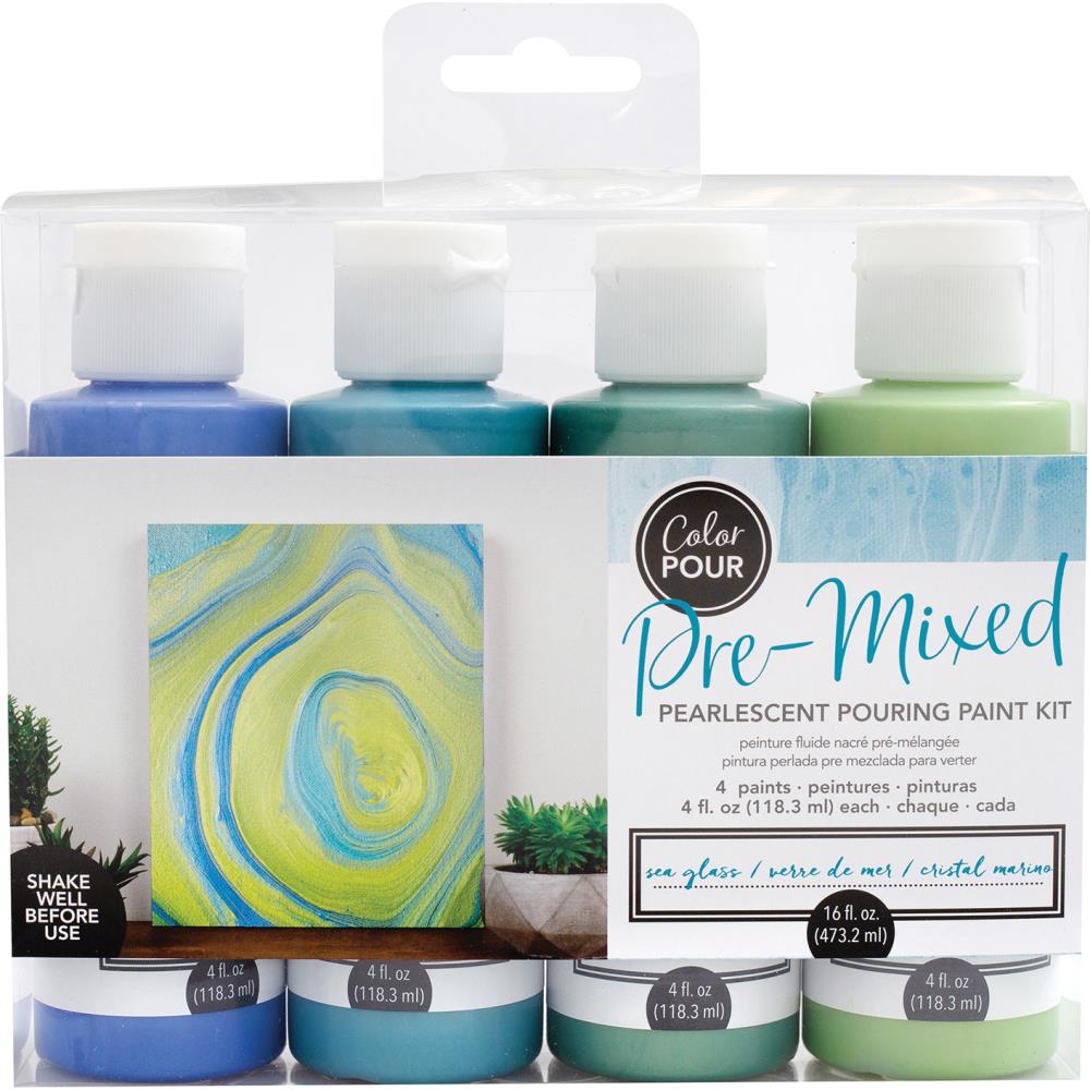 American Crafts Color Pour Pre-Mixed Paint Kit 4/Pkg Sea Glass Pearlescent